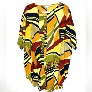 Women’s Roaman’s Jungle Geometric Tunic Top 1X Texture Cotton Button Down Flowy